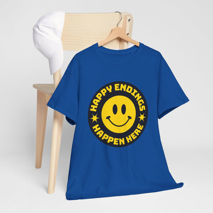 Happy Endings Happen Here – Funny Smiley Face T-Shirt
