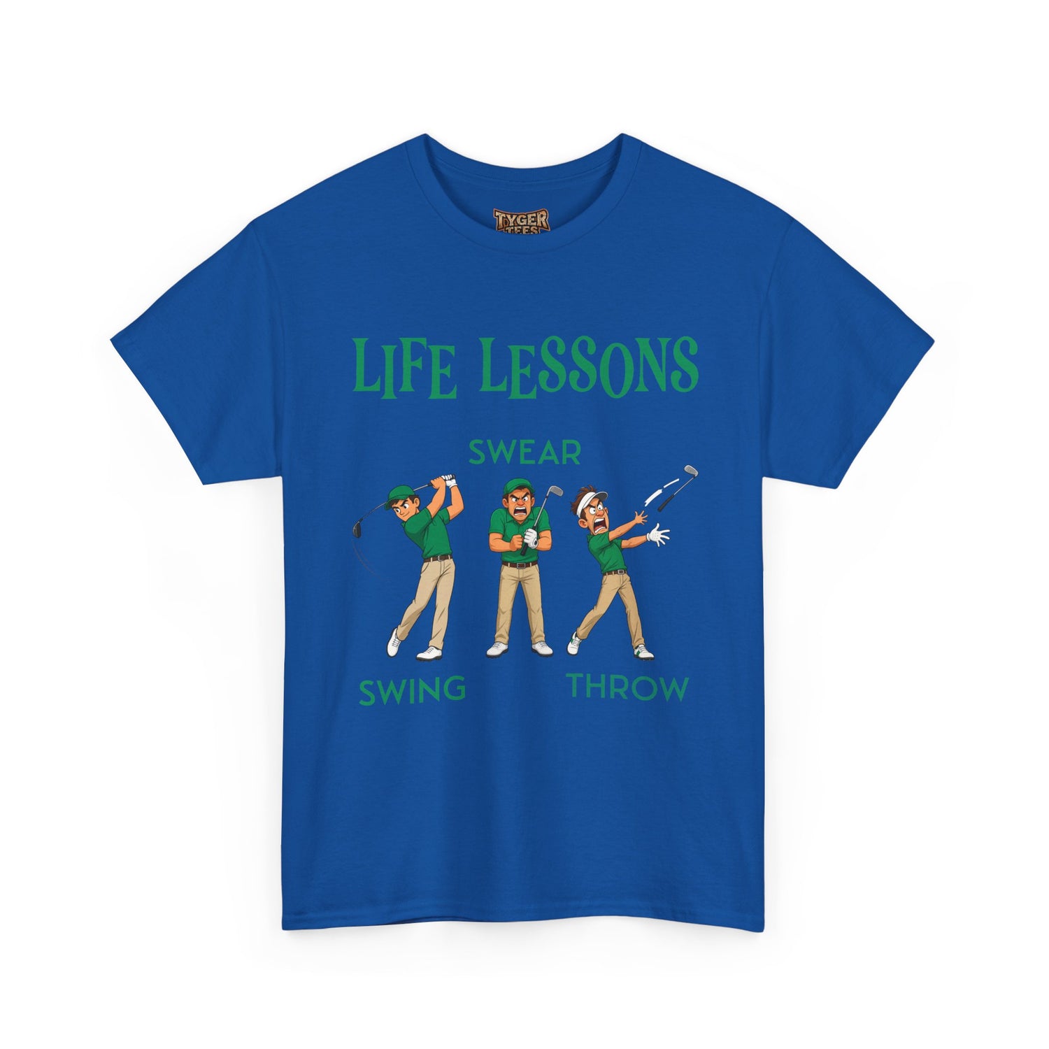 Golf T-Shirt — "Life Lessons: Swear, Swing, Throw" Funny Golfer Tee