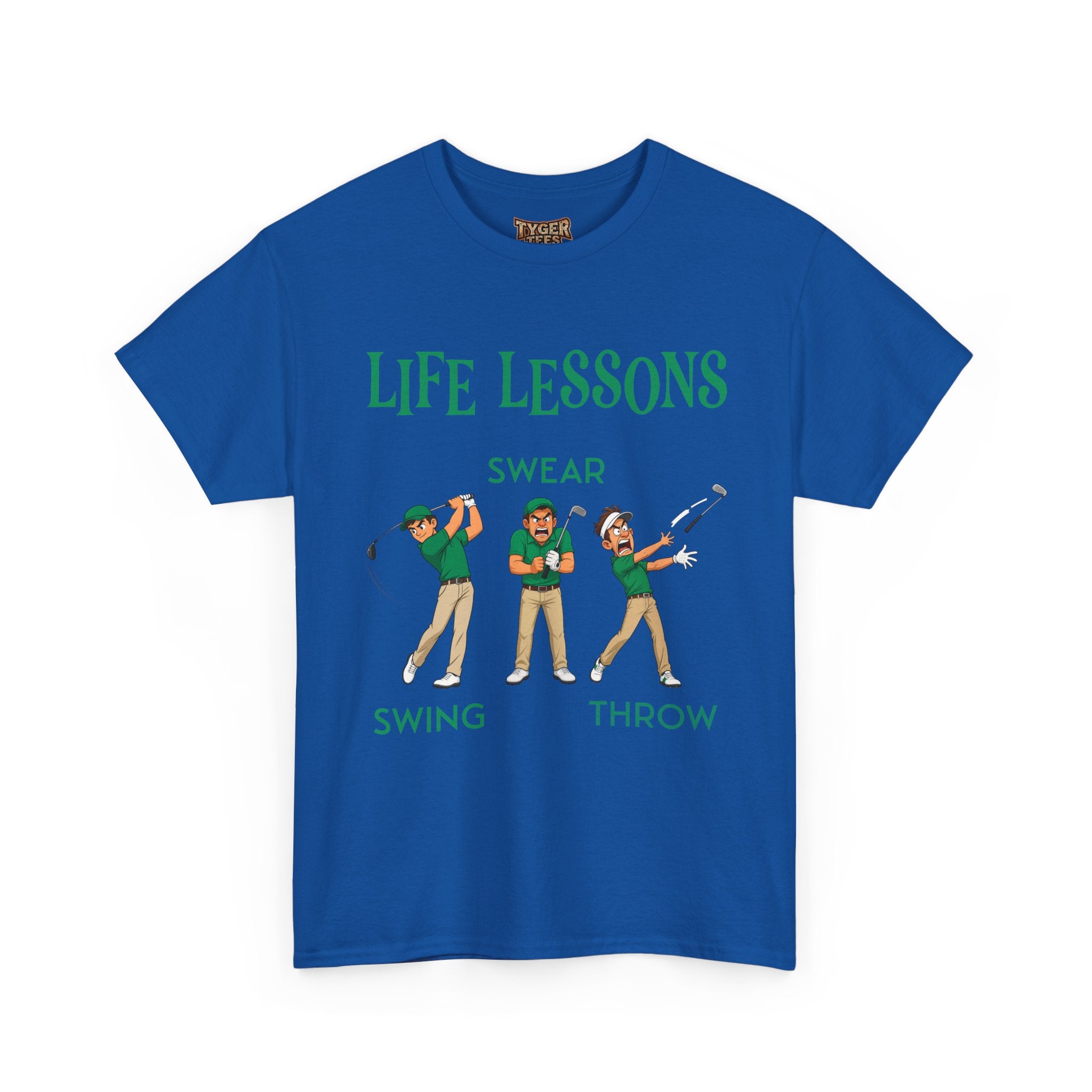 Golf T-Shirt — "Life Lessons: Swear, Swing, Throw" Funny Golfer Tee