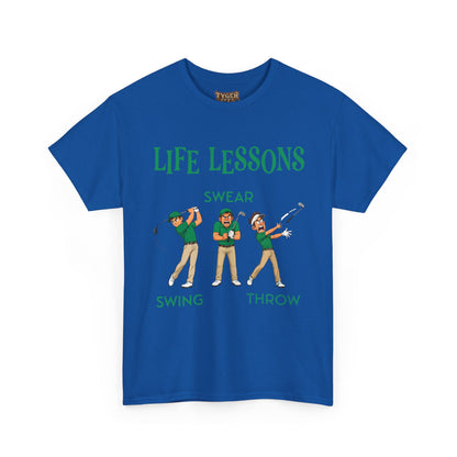 Golf T-Shirt — "Life Lessons: Swear, Swing, Throw" Funny Golfer Tee