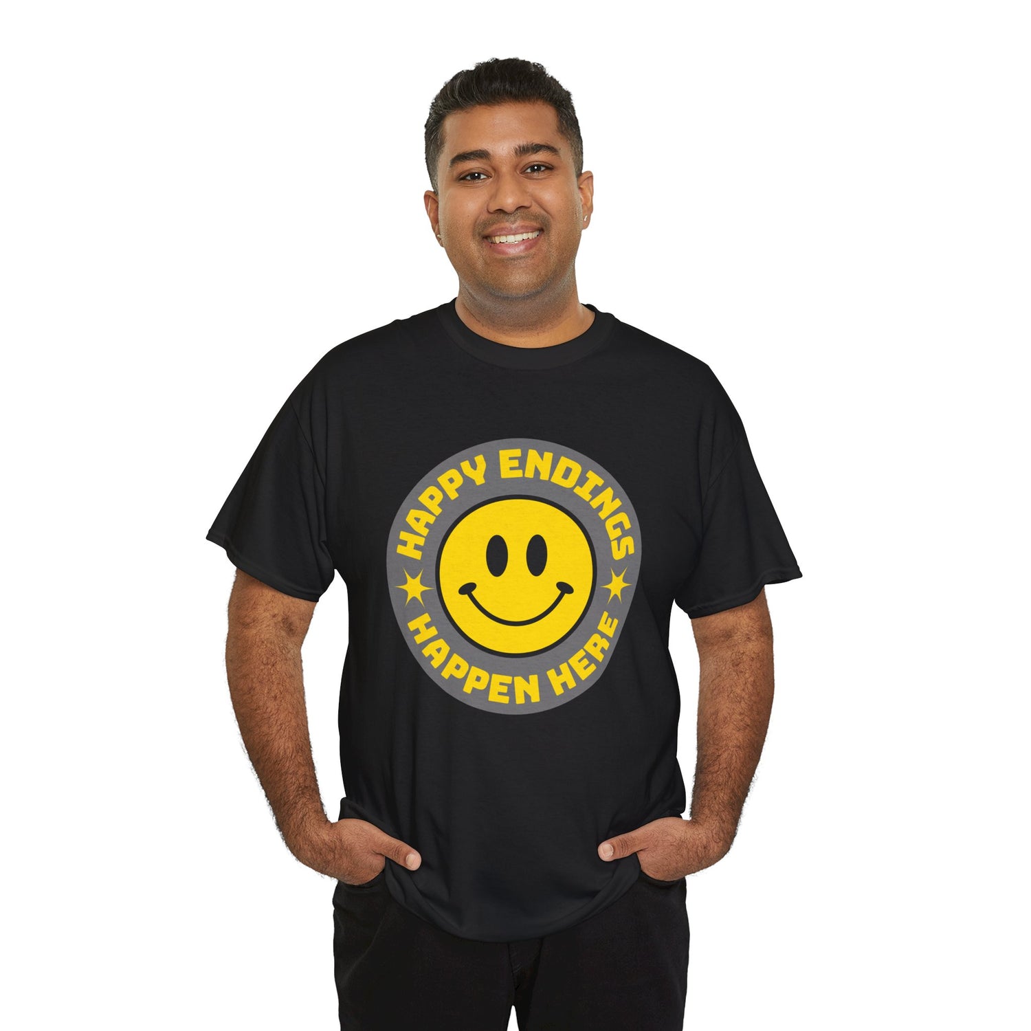 Happy Endings Happen Here – Funny Smiley Face T-Shirt