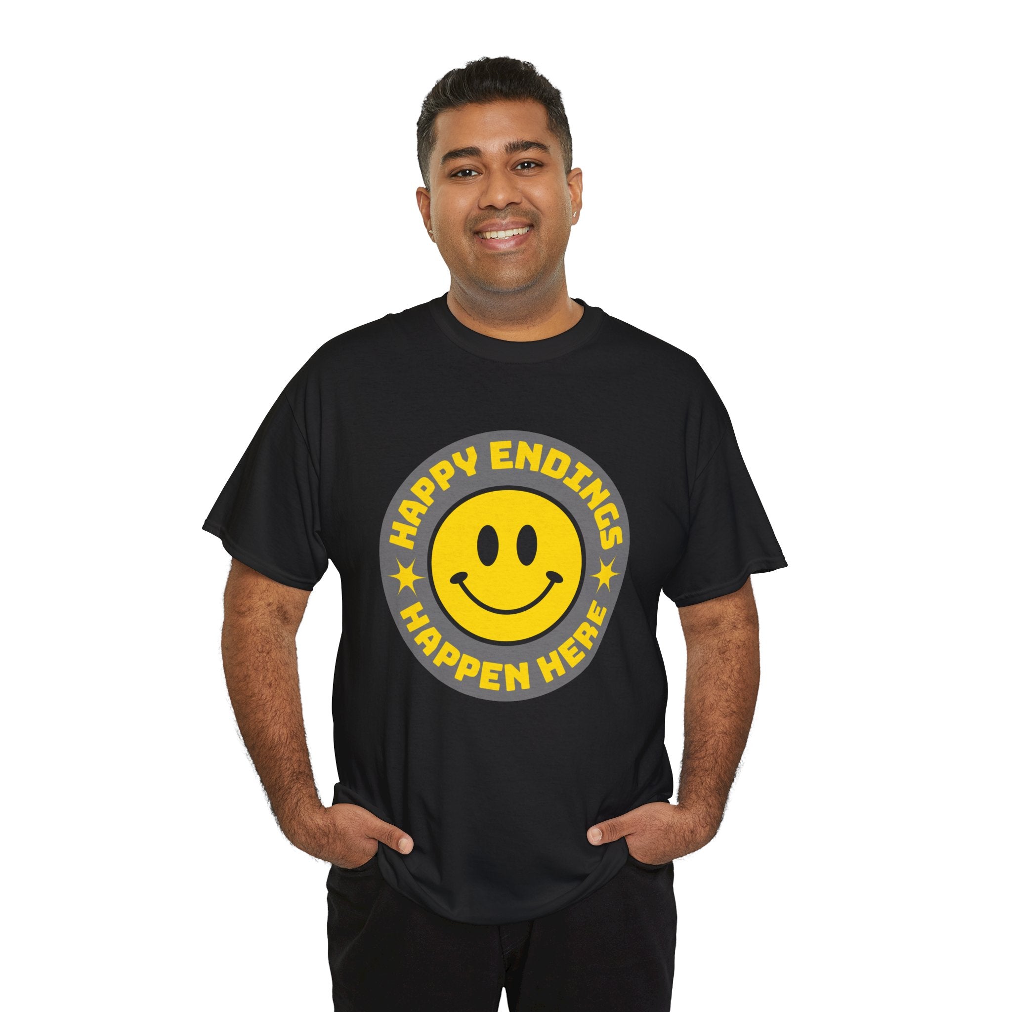 Happy Endings Happen Here – Funny Smiley Face T-Shirt