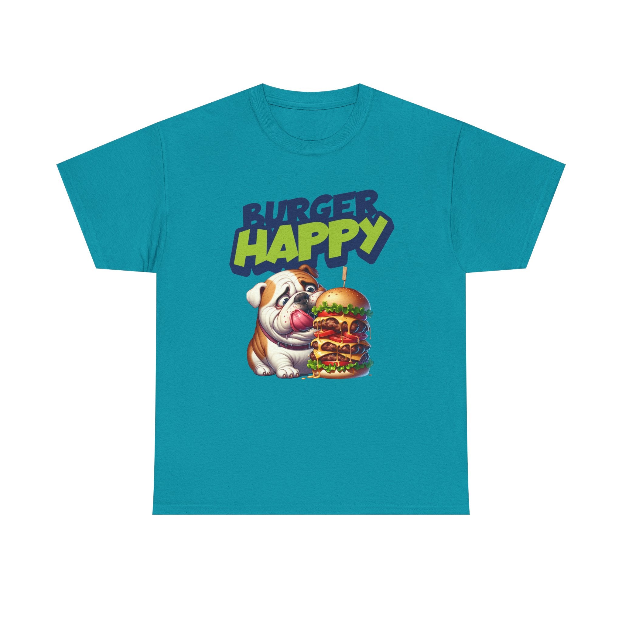 Burger Happy Bulldog T-Shirt — Cute Bulldog with Giant Burger Graphic
