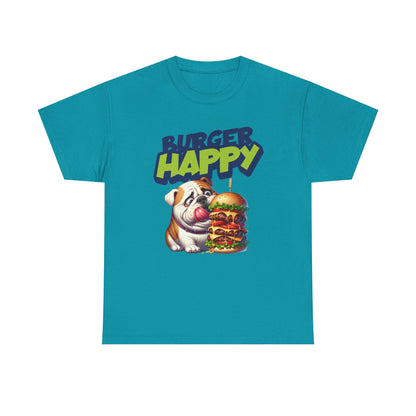 Burger Happy Bulldog T-Shirt — Cute Bulldog with Giant Burger Graphic