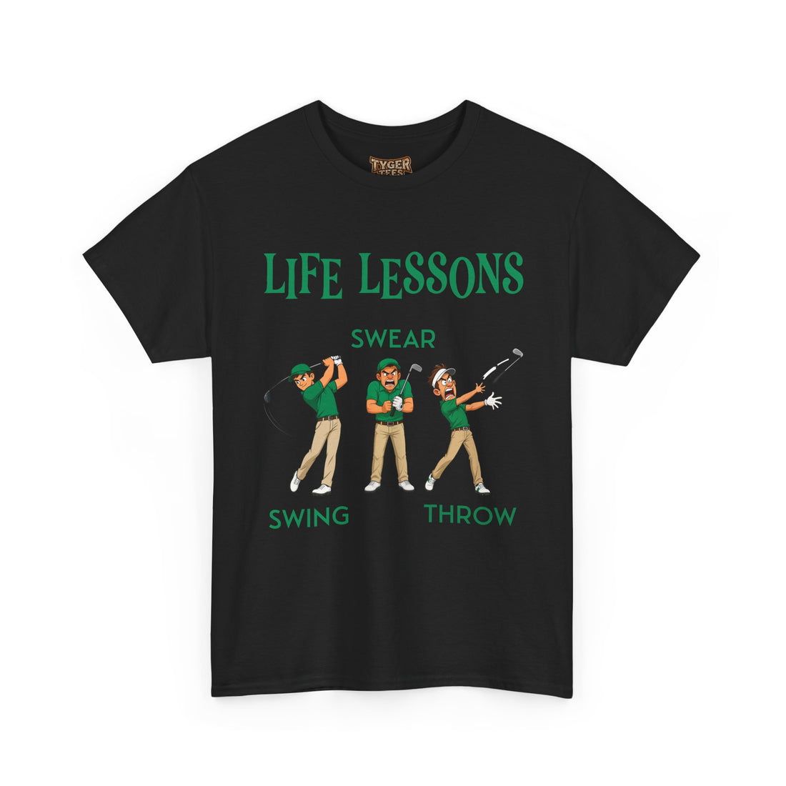 Golf T-Shirt — "Life Lessons: Swear, Swing, Throw" Funny Golfer Tee