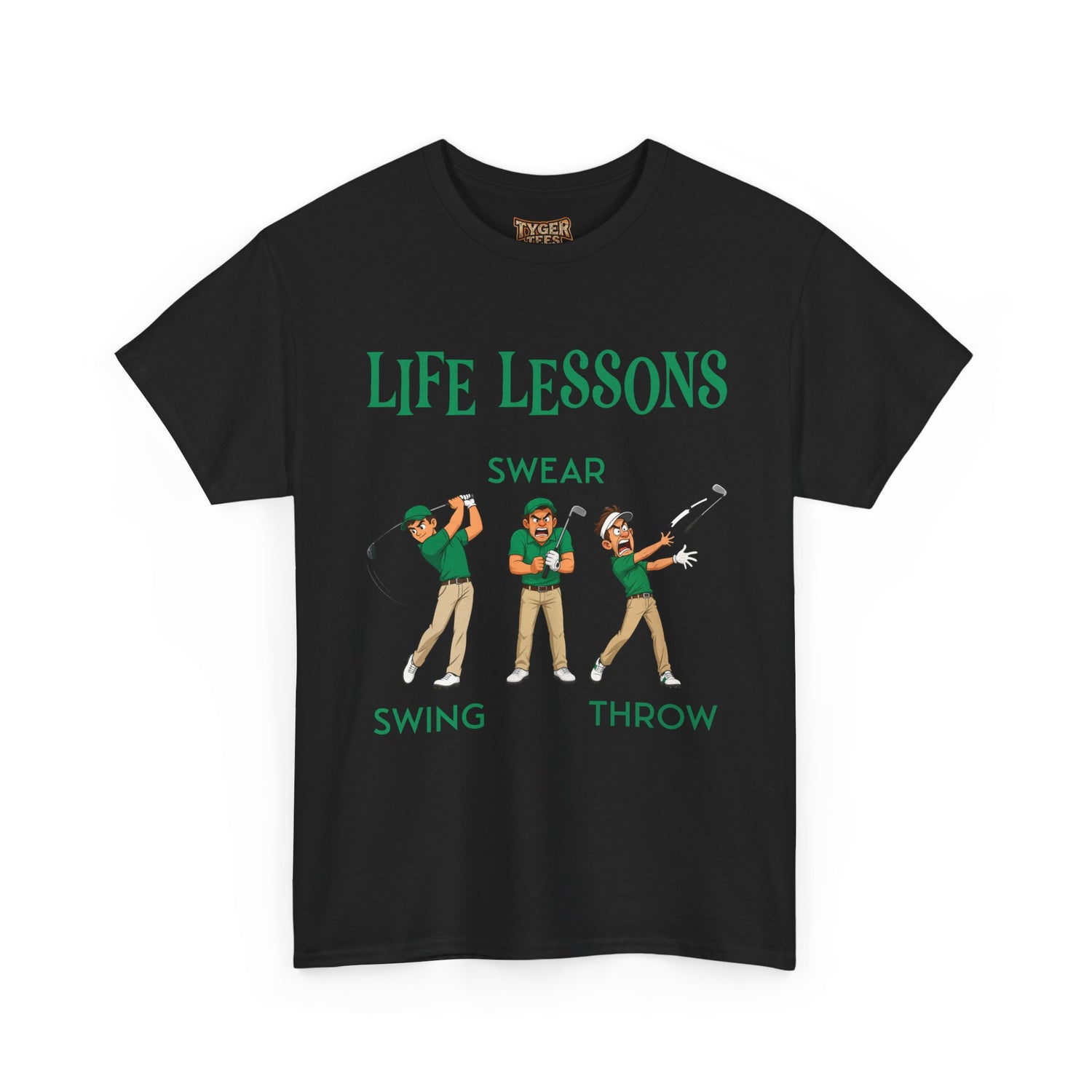 Golf T-Shirt — "Life Lessons: Swear, Swing, Throw" Funny Golfer Tee