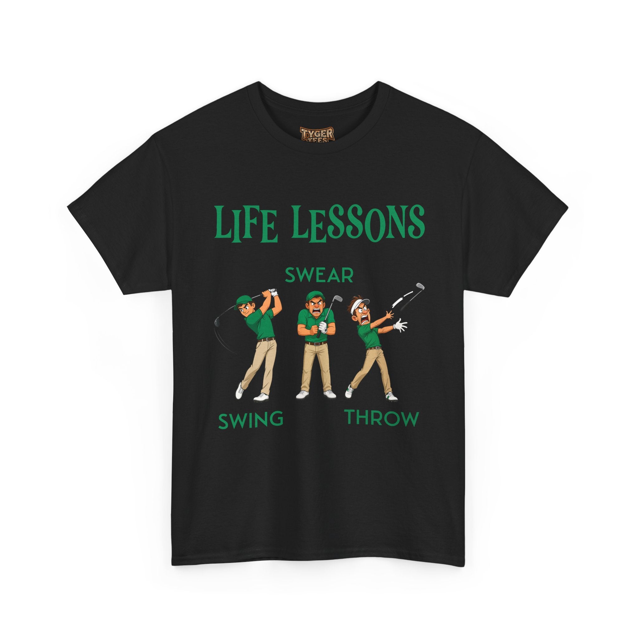Golf T-Shirt — "Life Lessons: Swear, Swing, Throw" Funny Golfer Tee