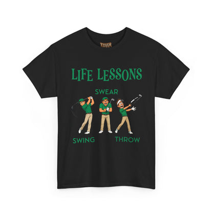 Golf T-Shirt — "Life Lessons: Swear, Swing, Throw" Funny Golfer Tee