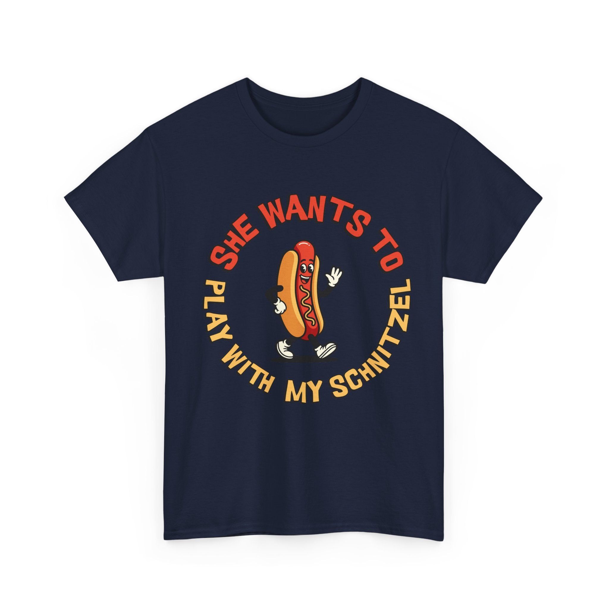 Hot Dog Graphic Tee - "She Wants To Play With My Schnitzel" Funny Retro Food Shirt