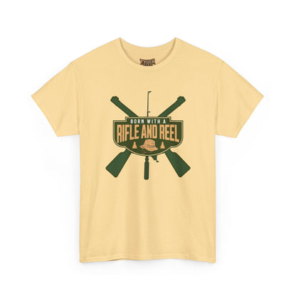 Rifle and Reel T-Shirt — "Born With a Rifle and Reel" Hunting &amp; Fishing Graphic Tee