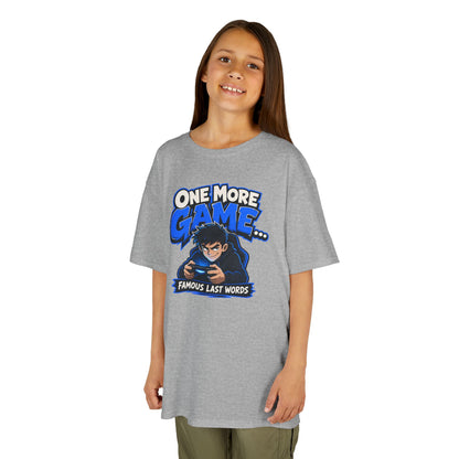 Kids Tee — "One More Game... Famous Last Words" Gaming Graphic Shirt