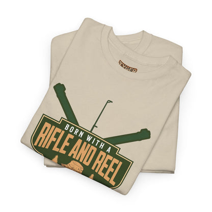 Rifle and Reel T-Shirt — "Born With a Rifle and Reel" Hunting &amp; Fishing Graphic Tee
