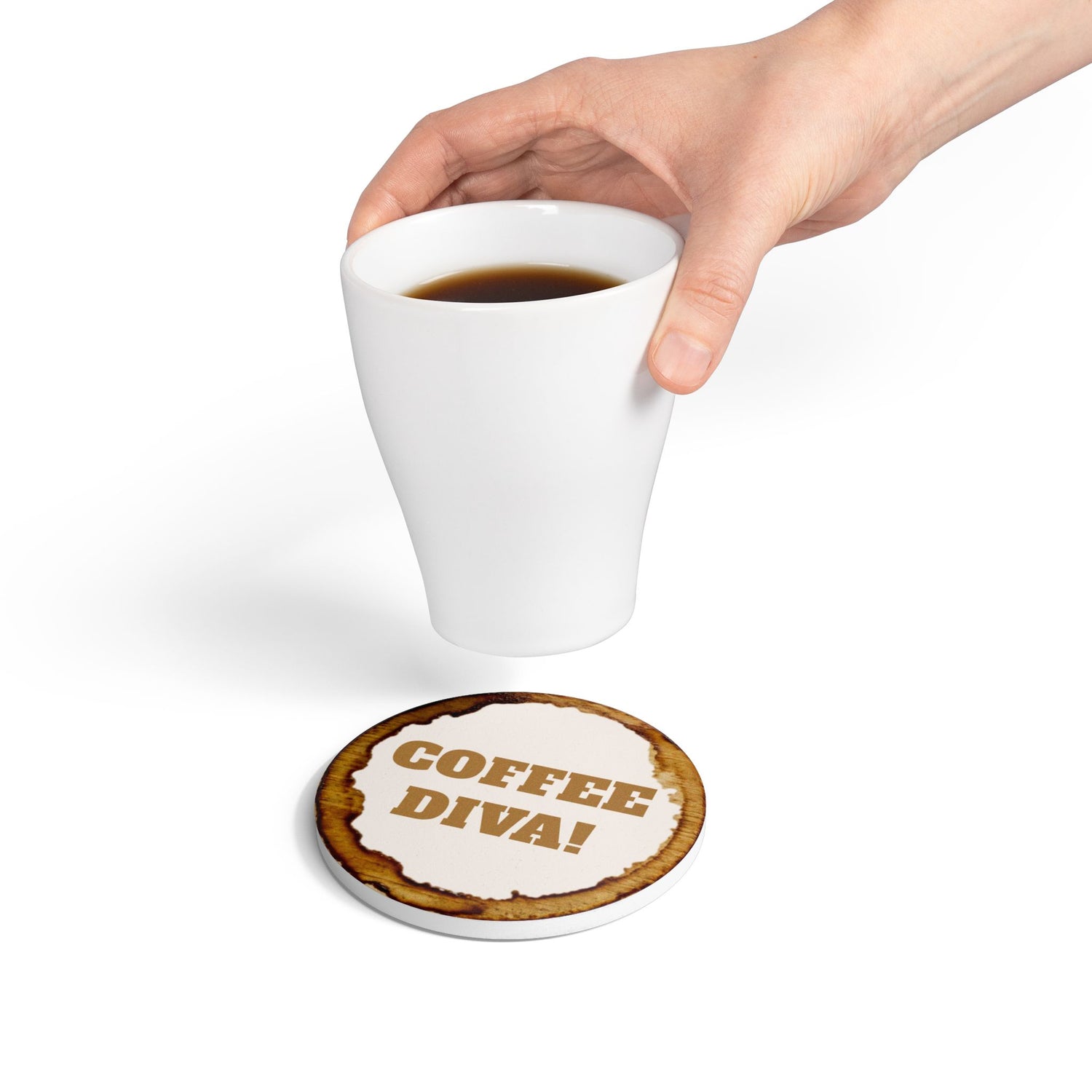Coffee Diva Ceramic Coaster — Funny Coffee Stain Design, Gift for Coffee Lovers