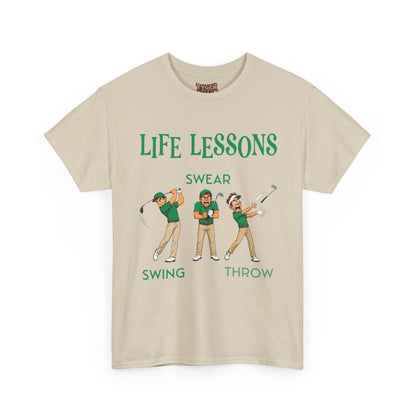Golf T-Shirt — "Life Lessons: Swear, Swing, Throw" Funny Golfer Tee