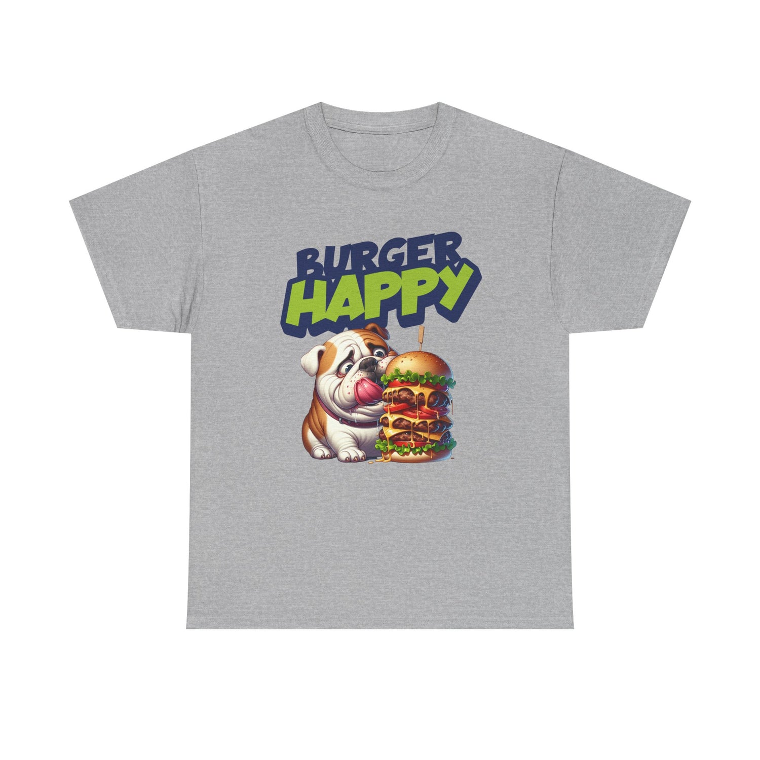 Burger Happy Bulldog T-Shirt — Cute Bulldog with Giant Burger Graphic