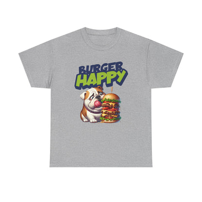 Burger Happy Bulldog T-Shirt — Cute Bulldog with Giant Burger Graphic