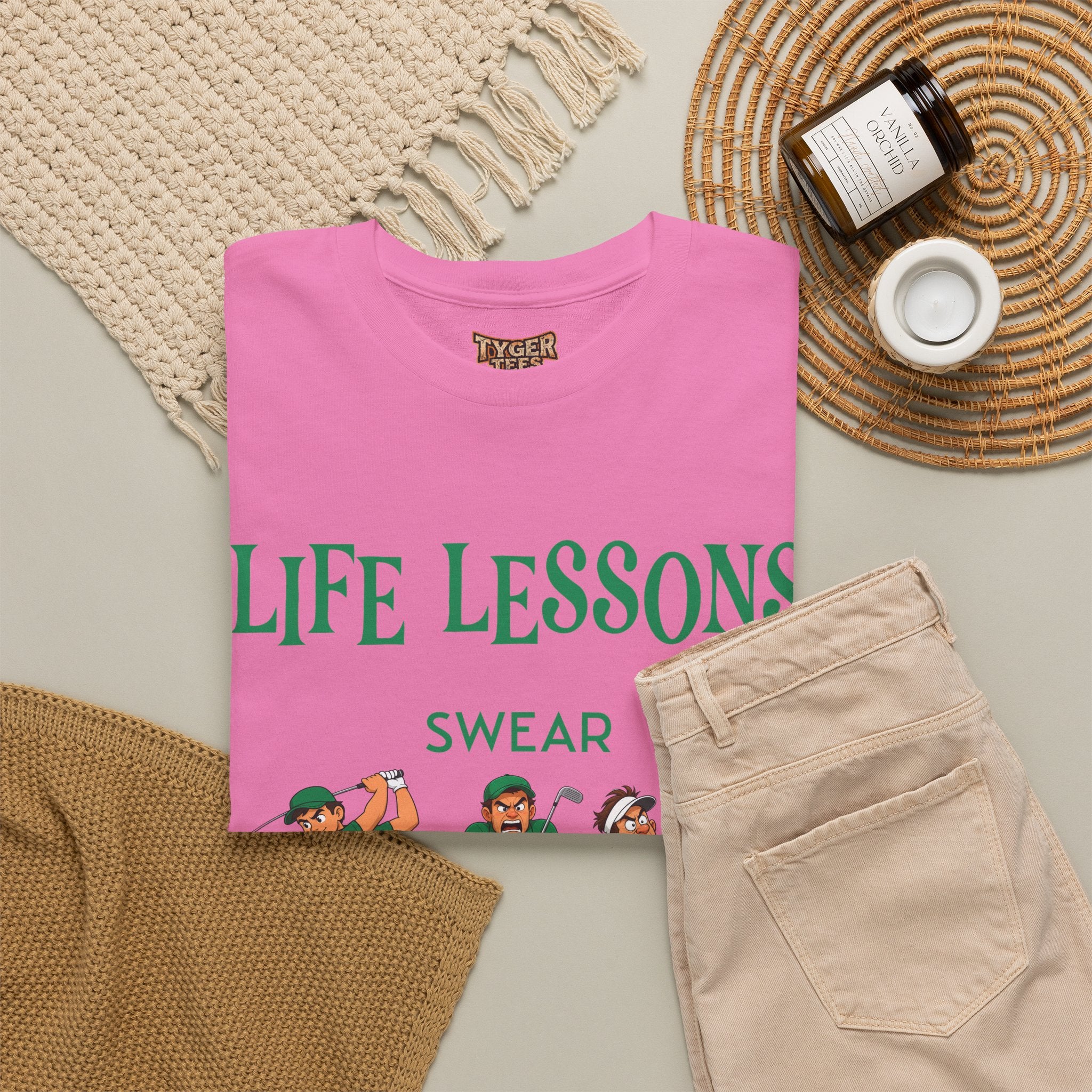 Golf T-Shirt — "Life Lessons: Swear, Swing, Throw" Funny Golfer Tee