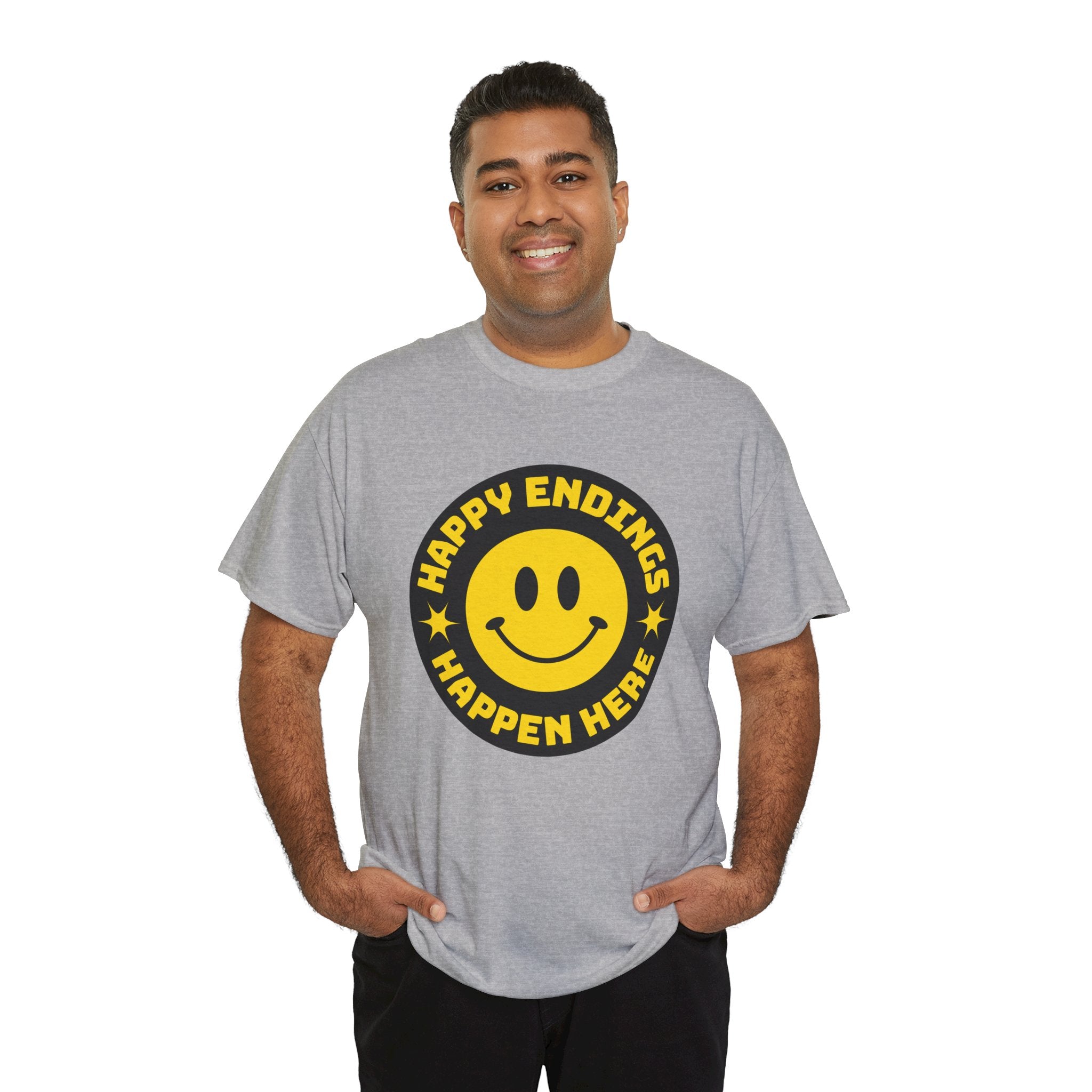 Happy Endings Happen Here – Funny Smiley Face T-Shirt