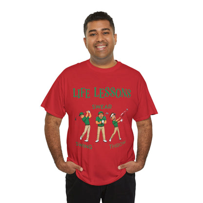 Golf T-Shirt — "Life Lessons: Swear, Swing, Throw" Funny Golfer Tee